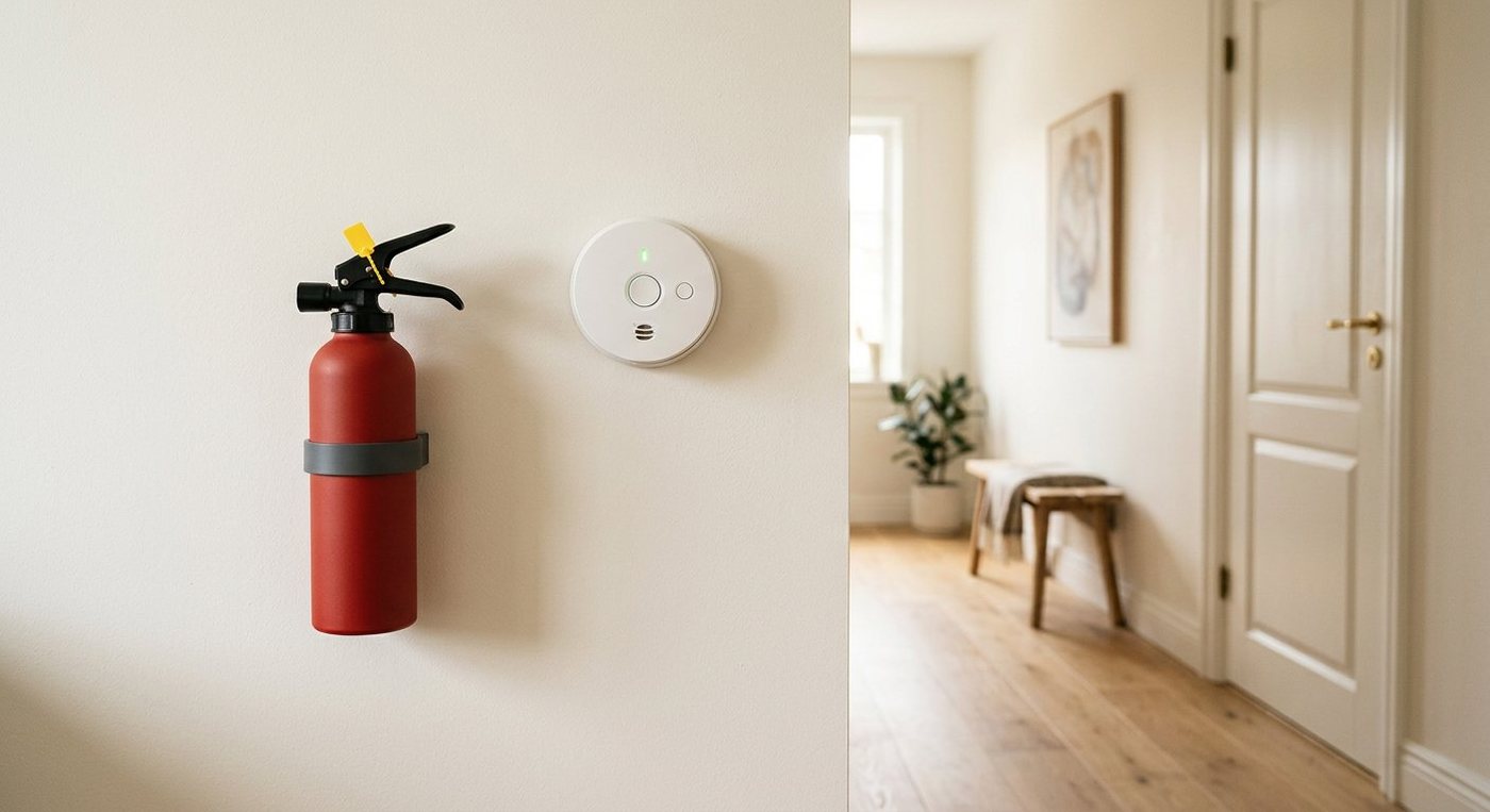 Fire extinguisher and smoke alarm styled in a bright home hallway