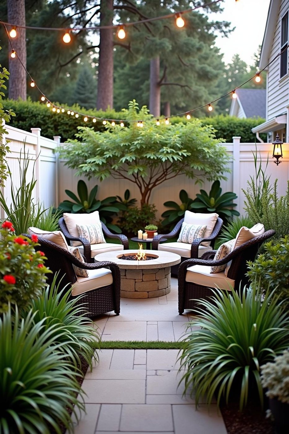Cozy small backyard with fire pit, cushioned seating and string lights at dusk