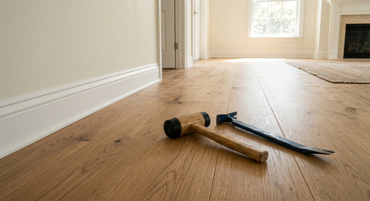 Freshly installed wide-plank oak hardwood flooring with tools