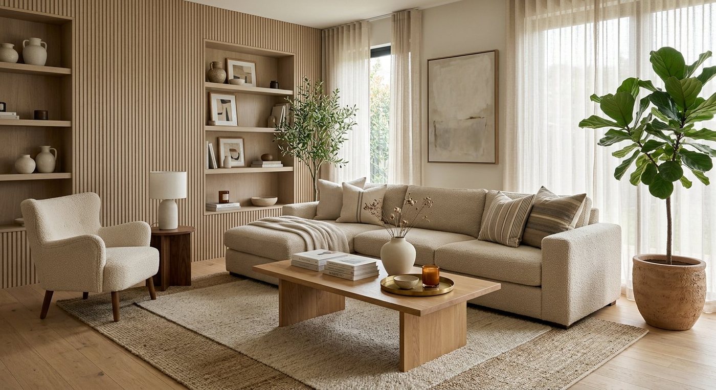 Styled modern living room with layered rugs, plants and warm lighting