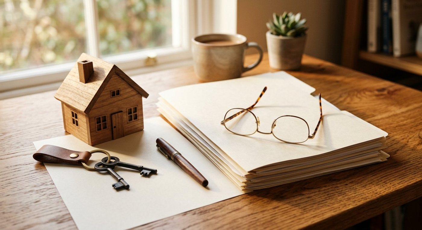 House keys and renovation documents arranged on a wooden desk