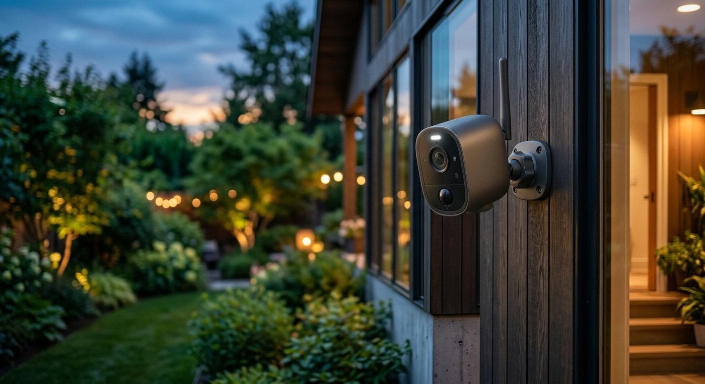 Modern security camera mounted on the exterior wall of a home